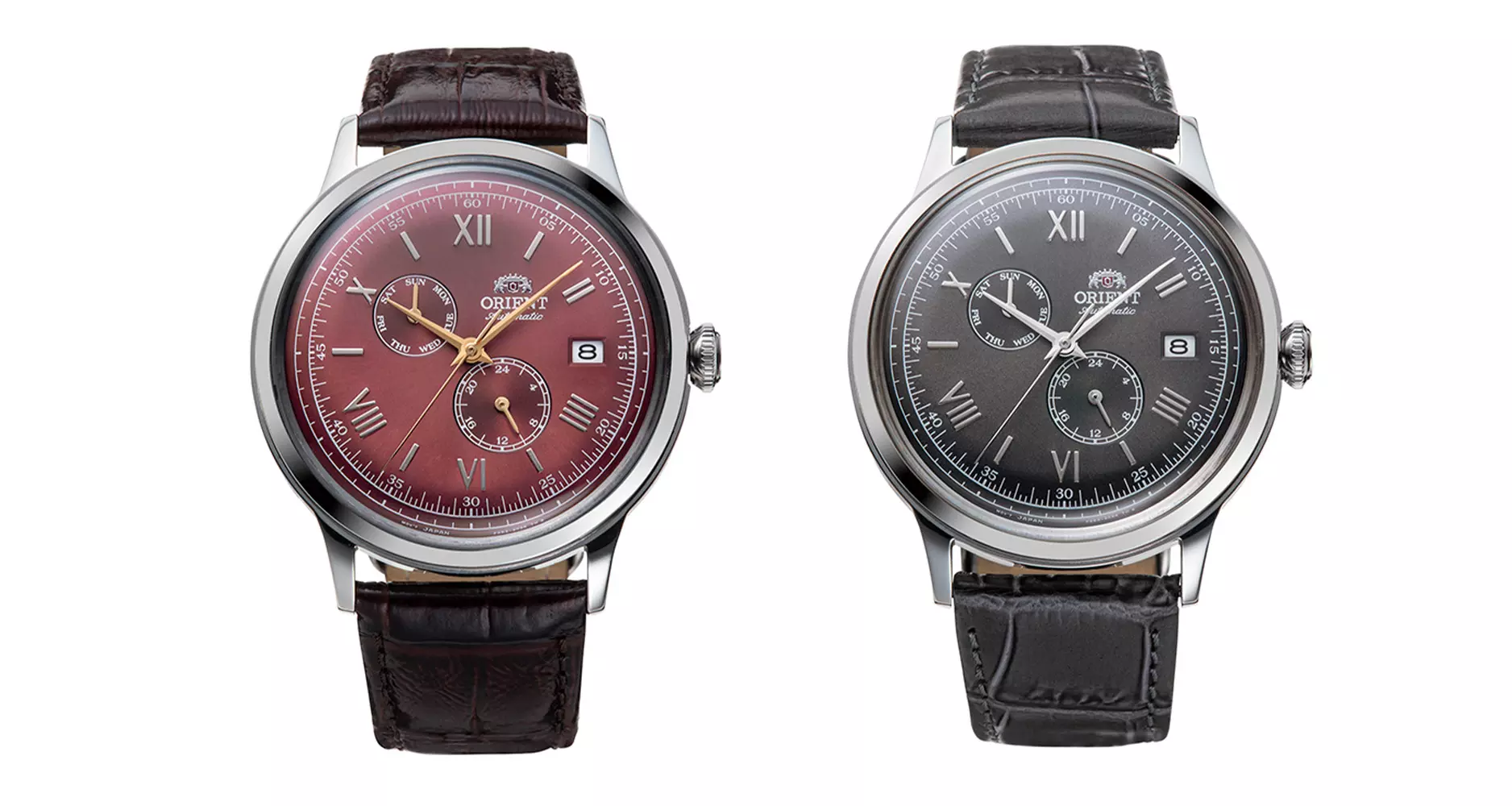 The new Orient Bambino Day-Date and 24H models in red and anthracite dials.